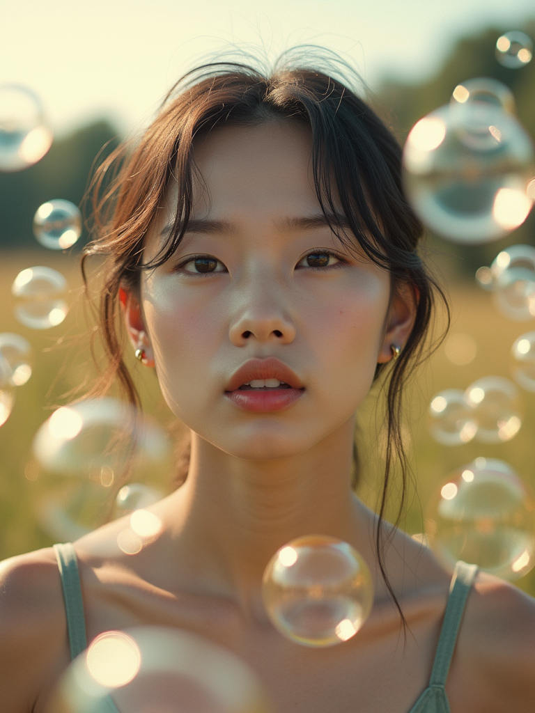 Woman blowing bubbles. all around her are floating bubbles. many bubbles floating. the bubbles reflect her face. she stands in a sunlit field.