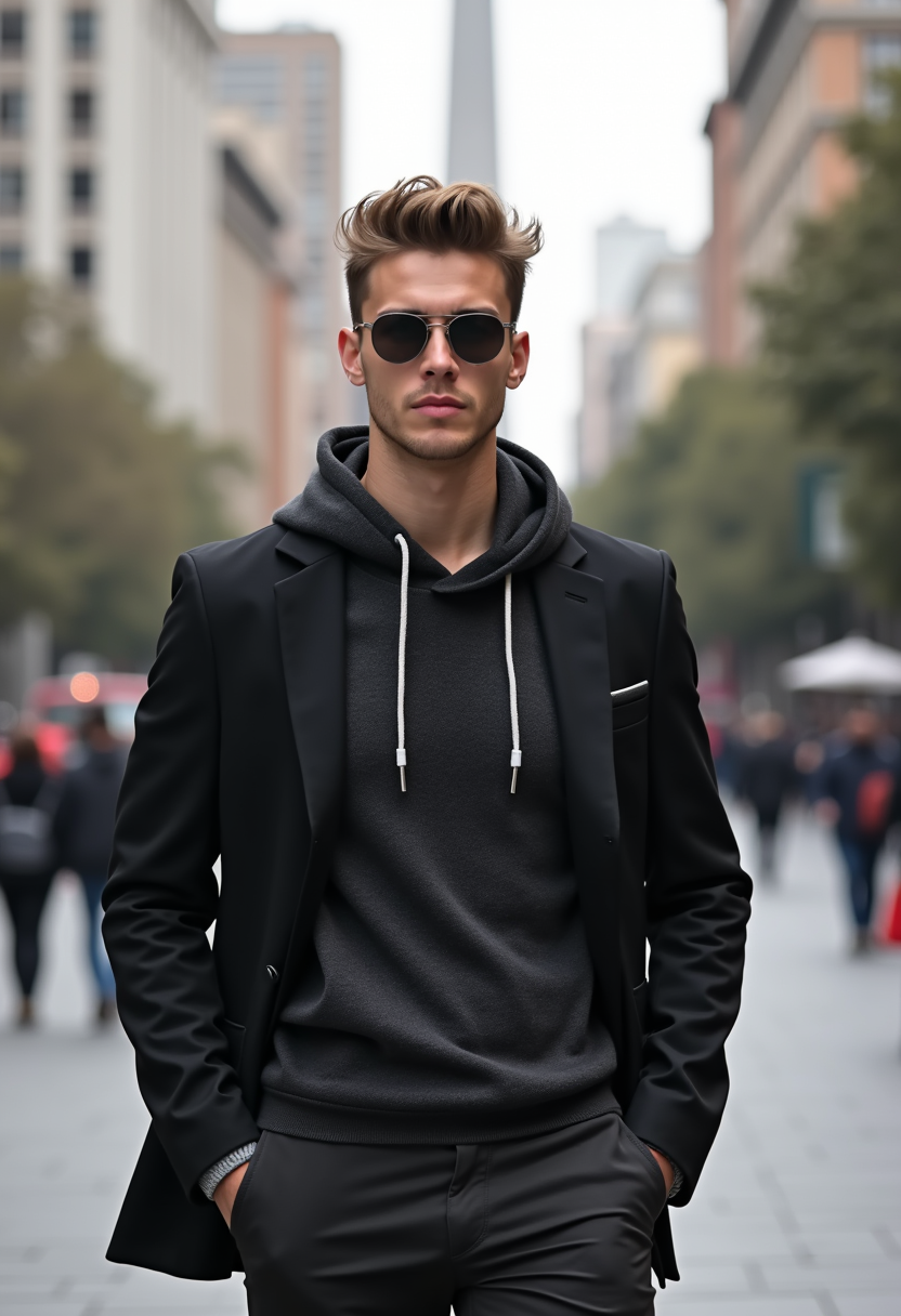 Sharp and trendy man in Buenos Aires wearing a modern street style outfit, Obelisco de Buenos Aires in the background