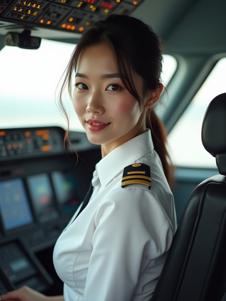 Woman as a Airline Pilot inside the Cockpit with white shirt Pilot Uniform