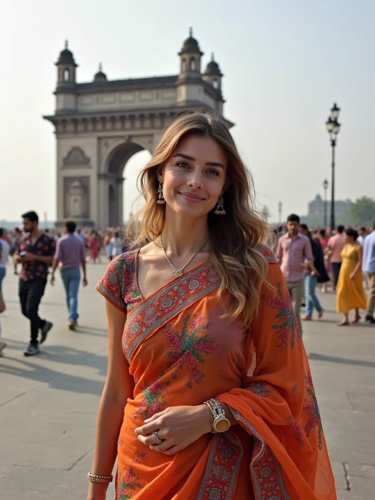 Stylish and chic woman in Mumbai wearing a vibrant saree/kurta, Gateway of India in the background